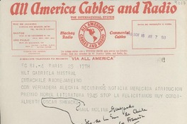 [Telegrama] 1945 nov. 18, París, [Francia] [a] Gabriela Mistral, Rio de Janeiro, [Brasil]