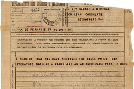 [Telegrama] 1945 nov. 17, Perkasie, Pennsylvania, [EE.UU.] [a] Gabriela Mistral, Petrópolis, [Brasil]