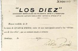  Suscripción anual sin fecha a "Ediciones Los Diez", firmada por Pedro Prado.