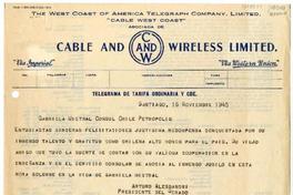 Telegrama del exPresidente Arturo Alessandri a Gabriela Mistral