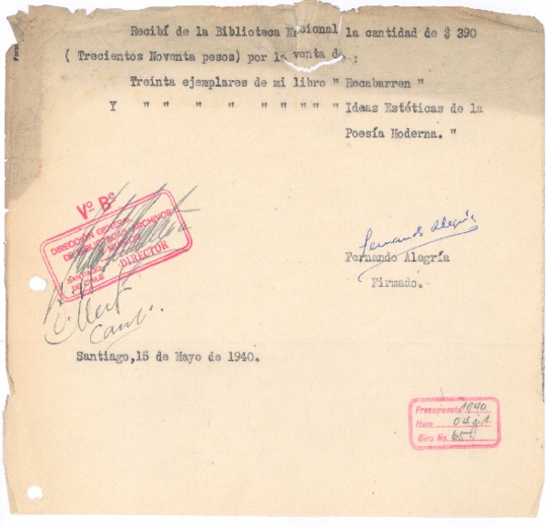 [Recibo de pago] 1940 may. 15 Santiago, Chile <a> Biblioteca Nacional