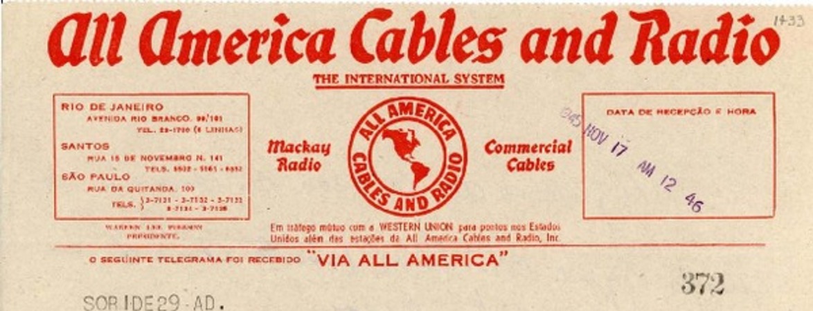 [Telegrama] 1945 nov. 17, Santiago, Chile [a] Gabriela Mistral, Embajada de Chile, Rio, Brasil