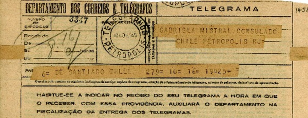 [Telegrama] 1945 nov. 17, Santiago [a] Gabriela Mistral, Petrópolis