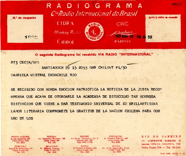 [Telegrama] 1945 nov. 15, Santiago, Chile [a] Gabriela Mistral, Río de Janeiro, Brasil
