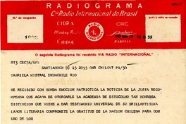 [Telegrama] 1945 nov. 15, Santiago, Chile [a] Gabriela Mistral, Río de Janeiro, Brasil