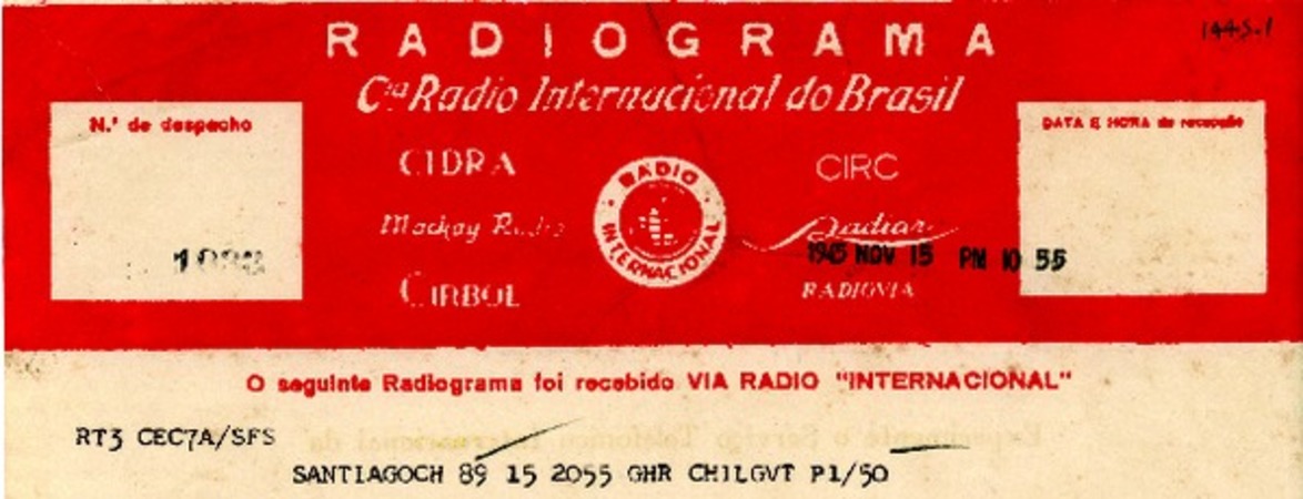 [Telegrama] 1945 nov. 15, Santiago, Chile [a] Gabriela Mistral, Río de Janeiro, Brasil