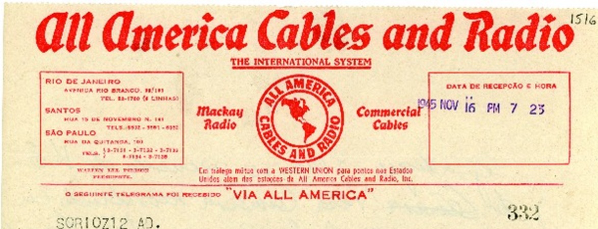 [Telegrama] 1945 nov. 17, Santiago, Chile [a] Gabriela Mistral, Rio [de Janeiro], [Brasil]