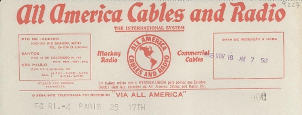 [Telegrama] 1945 nov. 18, París, [Francia] [a] Gabriela Mistral, Rio de Janeiro, [Brasil]