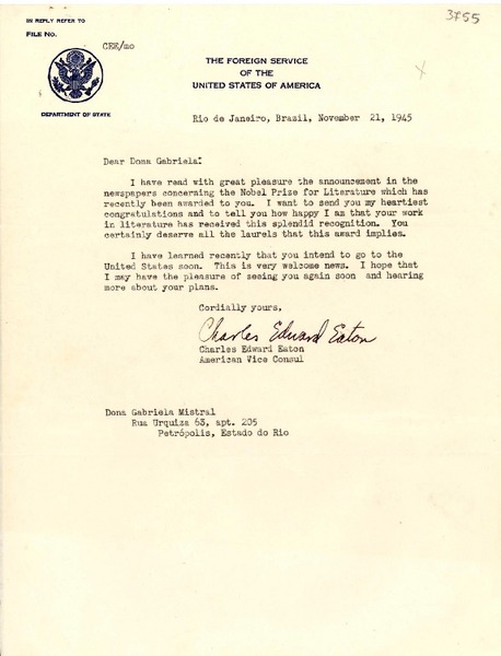 [Carta] 1945 nov. 21, Río de Janeiro, Brasil [a] Gabriela Mistral, Petrópolis