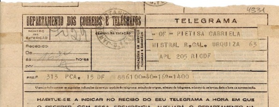 [Telegrama] 1945 nov. 16, Brasil [a] Gabriela Mistral, Rio DF, [Brasil]
