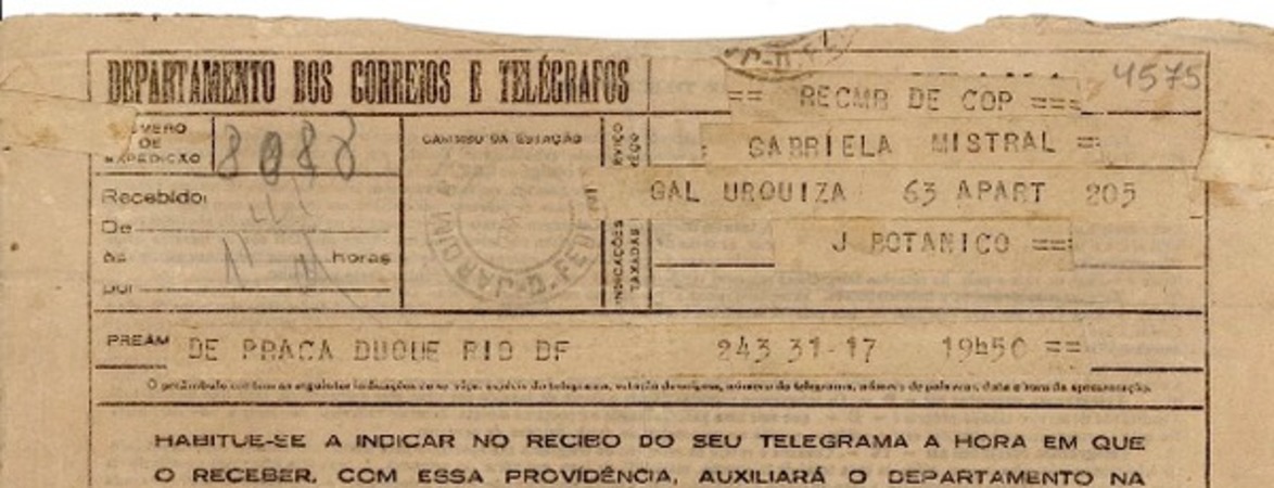 [Telegrama] 1945 nov. 19, Río de Janeiro [a] Gabriela Mistral