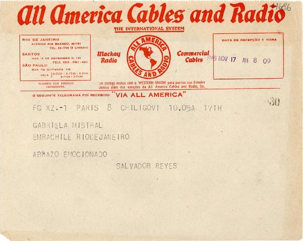 [Telegrama] 1945 nov. 17, Paris [a] Gabriela Mistral, Río de Janeiro