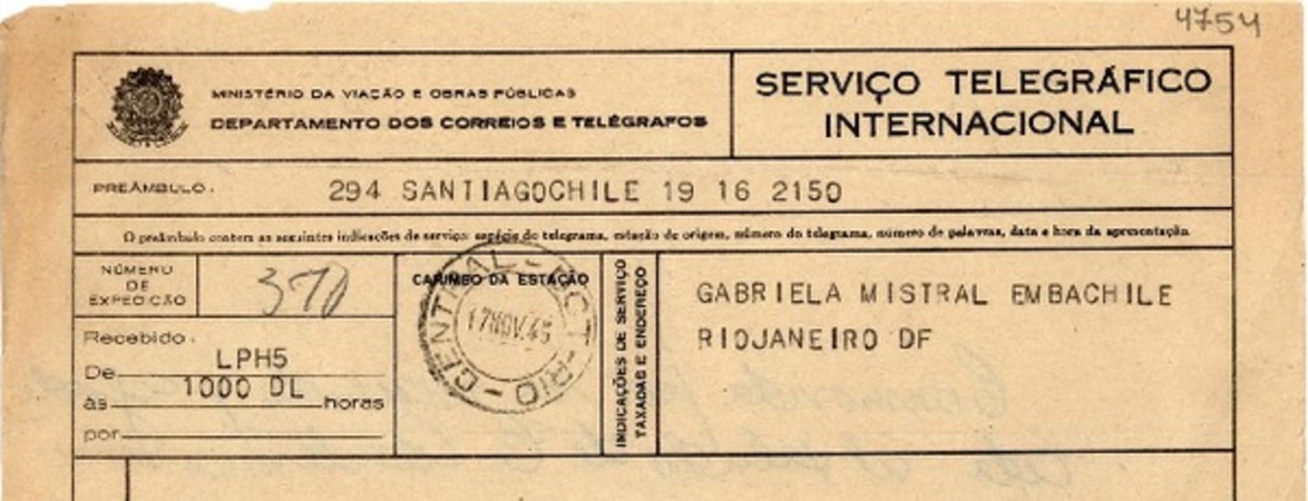 [Telegrama] 1945 nov. 17, Santiago, Chile [a] Gabriela Mistral, Río de Janeiro