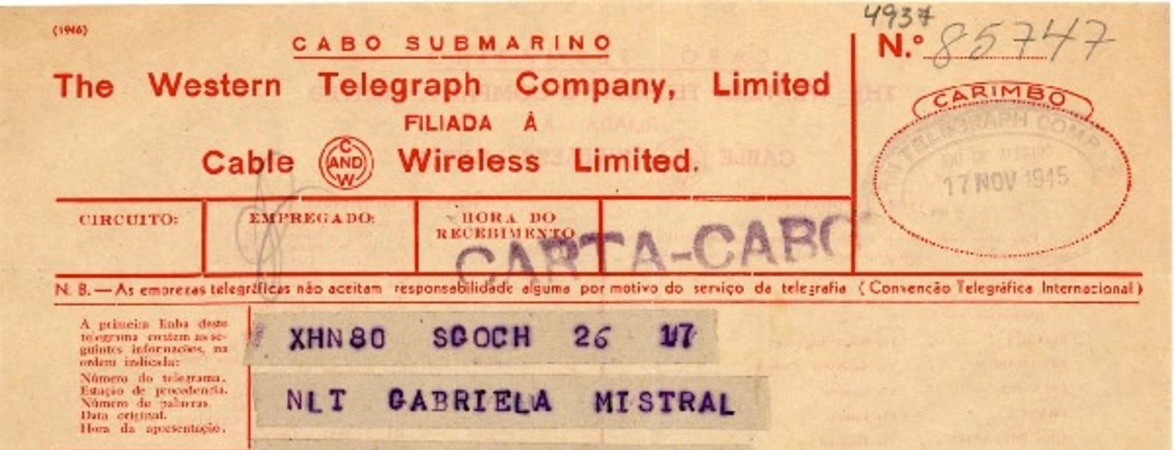 [Telegrama] 1945 nov. 17, Santiago, Chile [a] Gabriela Mistral, Embajada Chile, Rio, [Brasil]