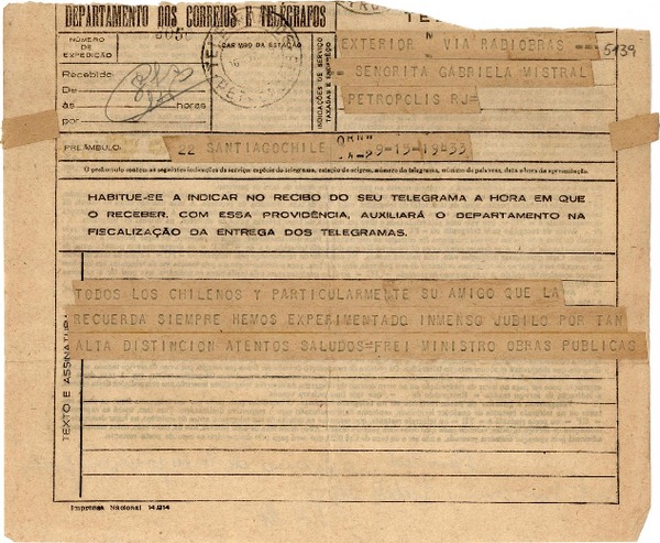 [Telegrama] 1945 nov. 16, Santiago, Chile [a] Gabriela Mistral