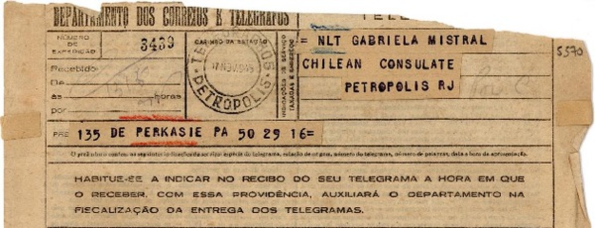 [Telegrama] 1945 nov. 17, Perkasie, Pennsylvania, [EE.UU.] [a] Gabriela Mistral, Petrópolis, [Brasil]