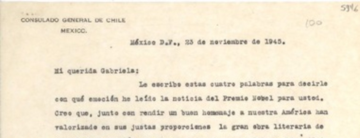 [Carta] 1945 nov. 23, México D. F. [a] Gabriela Mistral