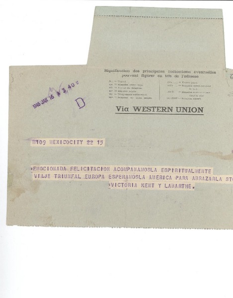 [Telegrama] 1946 ene. 16, México [a] Gabriela Mistral, París