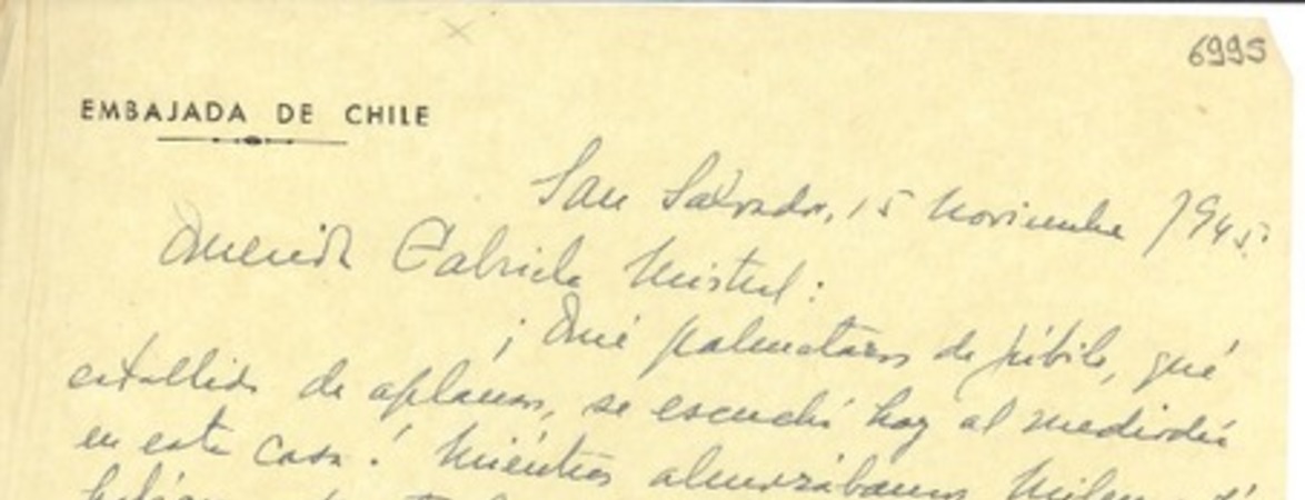 [Carta] 1945 nov. 15, San Salvador [a] Gabriela Mistral
