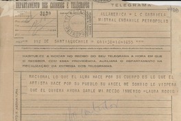 [Telegrama] 1945 nov. 16, Santiago, Chile [a] Gabriela Mistral, Petrópolis