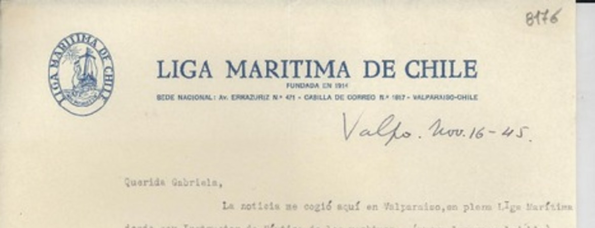 [Carta] 1945 nov. 16, Valparaíso [a] Gabriela Mistral