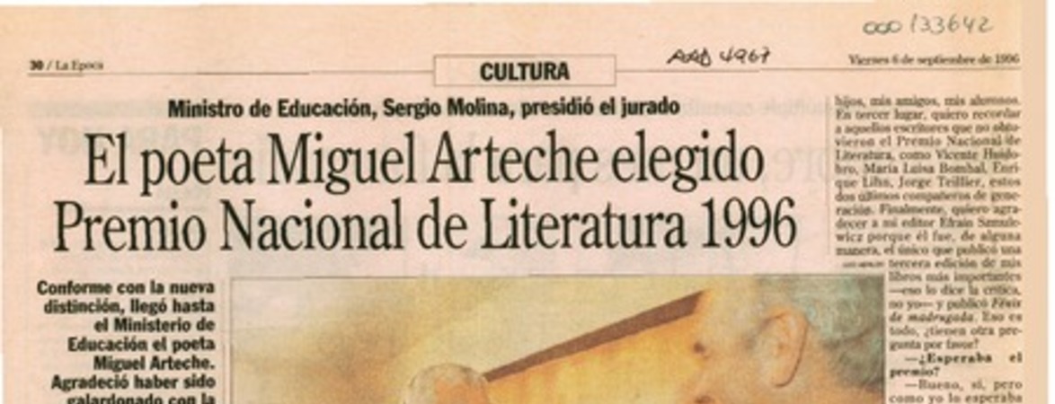 El poeta Miguel Arteche elegido Premio Nacional de Literatura 1996