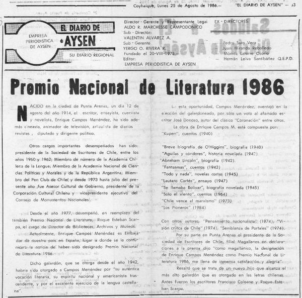 Premio Nacional de Literatura 1986