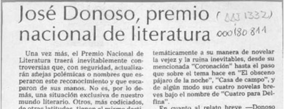 José Donoso, Premio Nacional de Literatura  [artículo] Hugo Rolando Cortés.