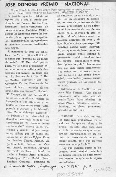 José Donoso Premio Nacional  [artículo] Valentín Alvarez.