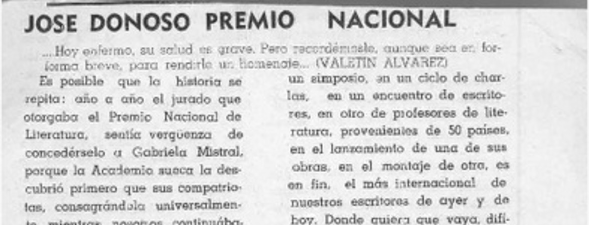 José Donoso Premio Nacional  [artículo] Valentín Alvarez.
