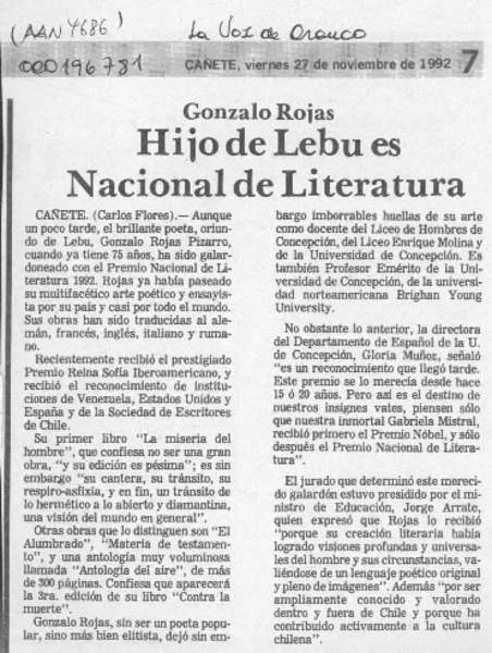 Hijo de Lebu es Nacional de Literatura
