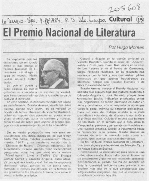 El Premio Nacional de Literatura, Braulio Arenas
