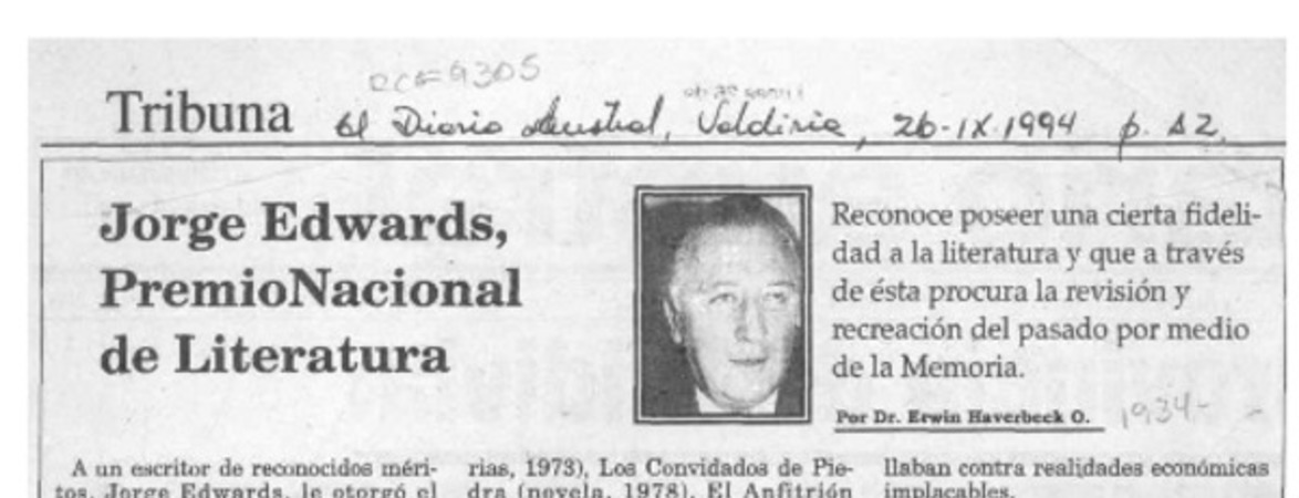 Jorge Edwards, Premio Nacional de Literatura  [artículo] Erwin Haverbeck O.
