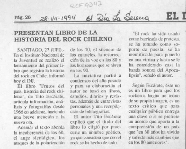 Presentan libro de la historia del rock chileno  [artículo].