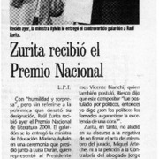 Zurita recibió el Premio Nacional  [artículo] L. P. I.