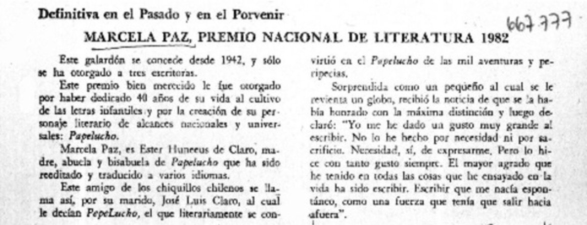 Marcela Paz, Premio Nacional de Literatura 1982.