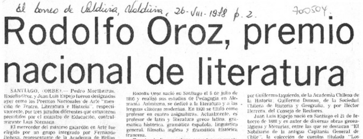 Rodolfo Oroz, Premio Nacional de Literatura.