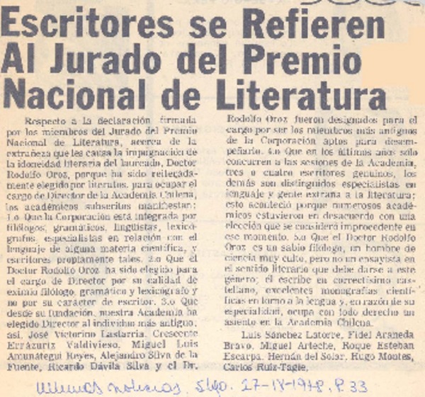 Escritores se refieren al jurado del Premio Nacional de Literatura.