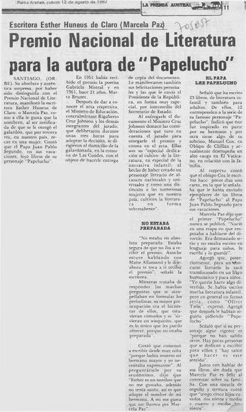 Premio Nacional de Literatura para la autora de "Papelucho".