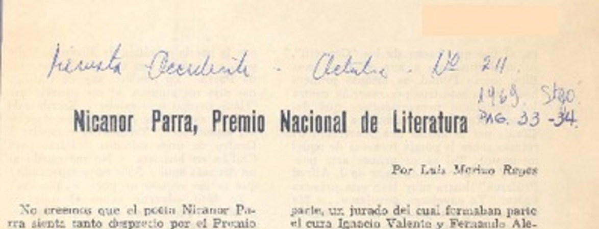 Nicanor Parra, Premio Nacional de Literatura