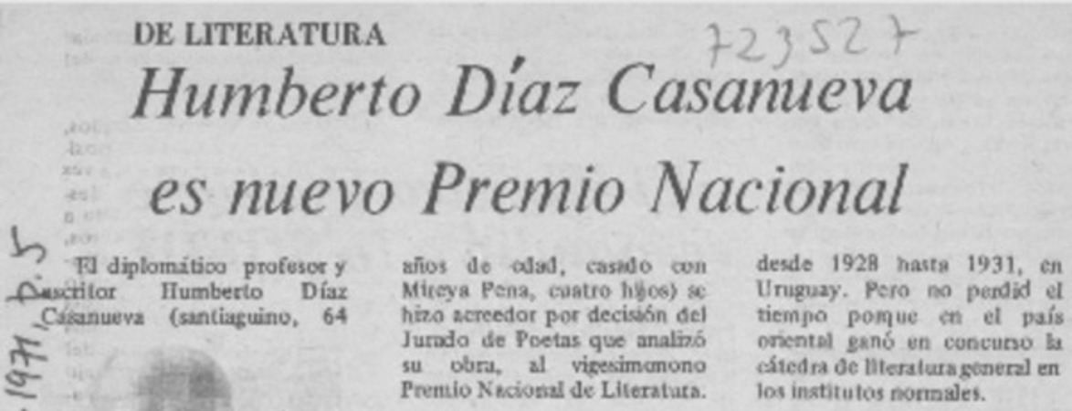 Humberto Díaz Casanueva es nuevo Premio Nacional.