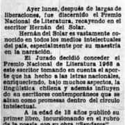Hernán del Solar: Premio Nacional de Literatura 1968.