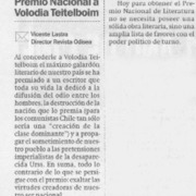 Premio Nacional a Volodia Teitelboim  [artículo] Vicente Lastra