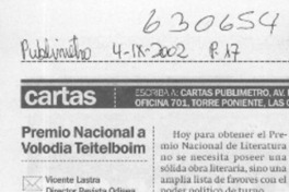 Premio Nacional a Volodia Teitelboim  [artículo] Vicente Lastra