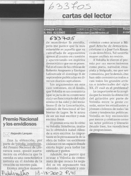 Premio Nacional y los envidiosos  [artículo] Alejandro Lavquen