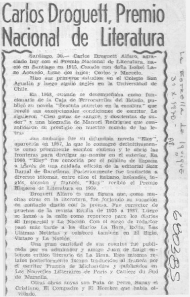 Carlos Droguett, Premio Nacional de Literatura.
