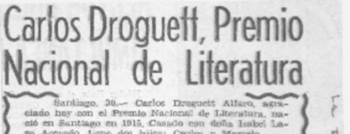 Carlos Droguett, Premio Nacional de Literatura.