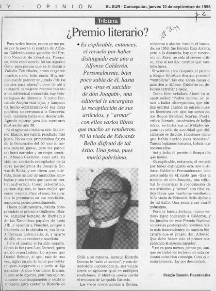 Premio literario?  [artículo] Sergio Ramón Fuentealba.