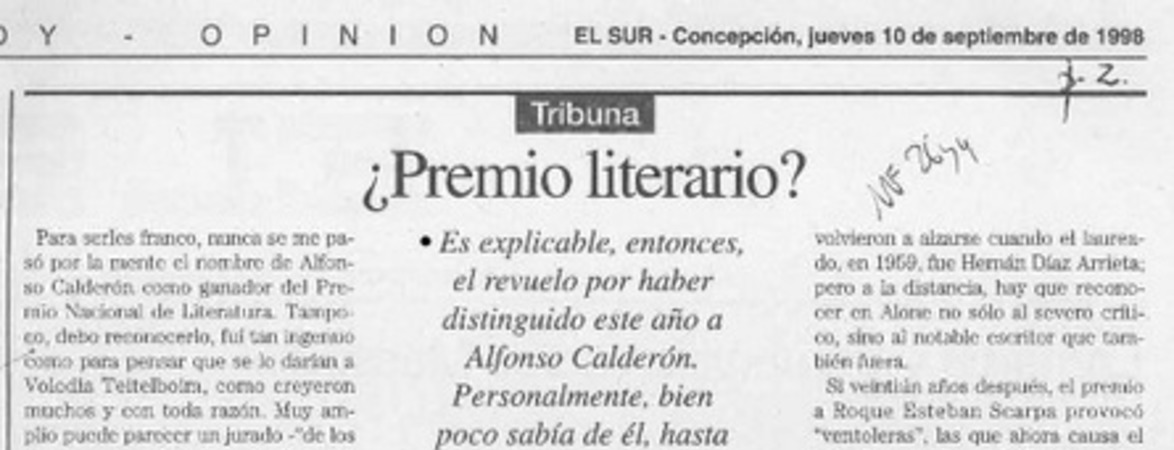 Premio literario?  [artículo] Sergio Ramón Fuentealba.