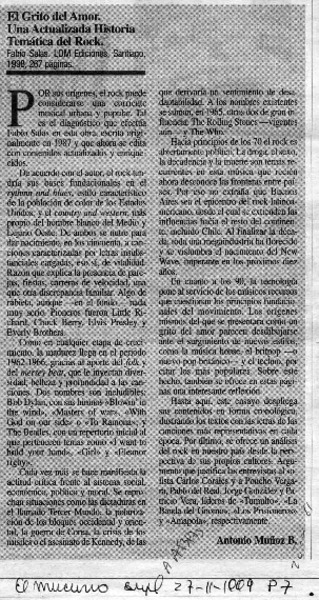 El grito del amor, una actualizada historia temática del rock  [artículo] Antonio Muñoz B.